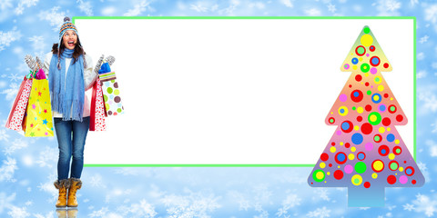 Girl with shopping bags. Christmas sale.