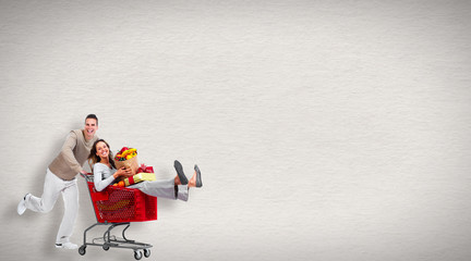 Running people with shopping cart