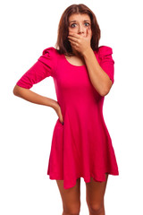 terrified girl woman experiences surprised fear covered her mout