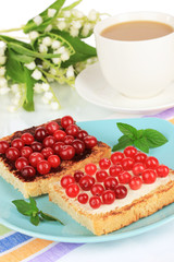 Delicious toast with cranberries on plate close-up
