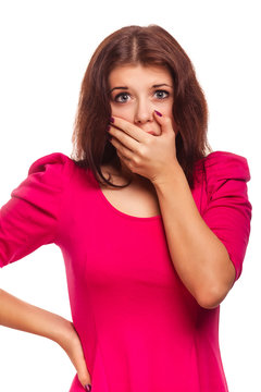 woman surprised terrified experiences fear covered her mouth wit