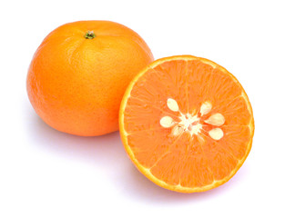 Sliced orange fruit segments isolated on white background