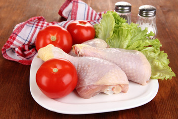 Raw chicken legs on plate close up