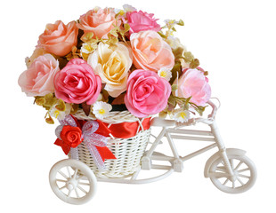artificial flowers in basket isolate on white