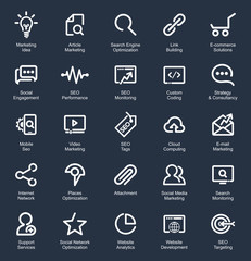 Outlines SEO Icon Set, white on dark blue