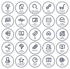 Outlines SEO Icon Set, dark blue circle on white