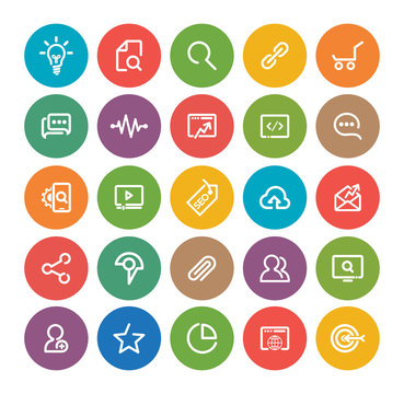 Outlines SEO Icon Set, colorful circle on white