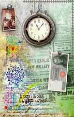 Pachtwork background with stamps and clock