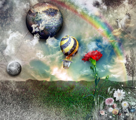 Hot air balloon in flight with rainbow © Rosario Rizzo