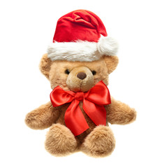 Classic teddy bear with red bow and Santa hat isolated on white