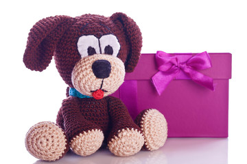 stuffed animal puppy dog in a gift box for christmas