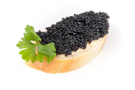 Small sandwich with black caviar isolated on white