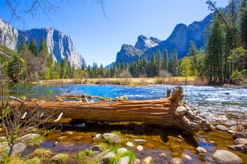Afwasbaar Fotobehang Natuurpark Yosemite Merced River el Capitan en Half Dome