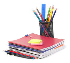 Notebook stack and pencils. Education and studies accessories.