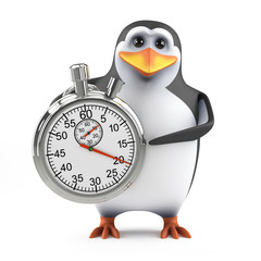 Cute penguin has a silver stopwatch