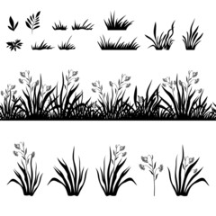 Grass and flowers silhouette, seamless and sets