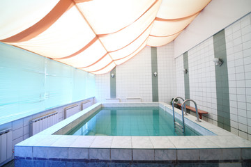 A small indoor pool with tiles on walls and floor