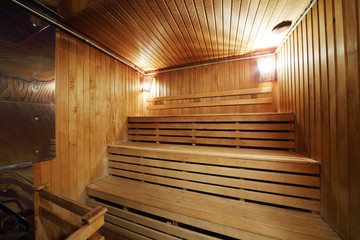 Healthy wooden steam sauna with with two lamps
