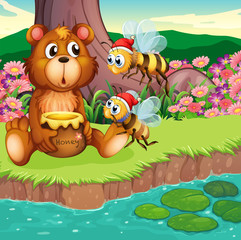 Obraz na płótnie Canvas A big bear and bees at the riverbank