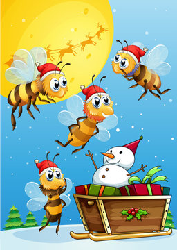 Bees watching the snowman riding on a sleigh