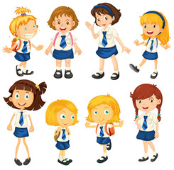Eight schoolgirls in their uniforms