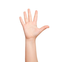 isolated child hand shows the number five