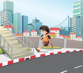 A girl running at the street near the stairs