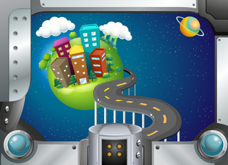 A metalframe border with a road going to an island