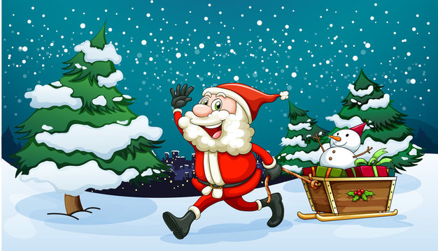 A smiling Santa pulling the wooden sleigh near the pine trees