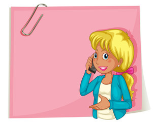 A big pink empty template with a woman using a cellphone