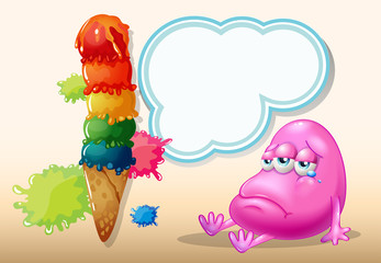 A sad beanie monster near the giant icecream