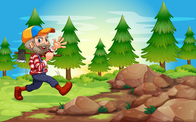 Obraz na płótnie Canvas A cheerful lumberjack near the rocks
