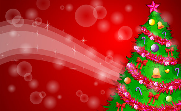 A red christmas design with a green christmas tree