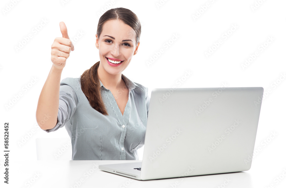 Wall mural Woman with laptop showing thumbs up