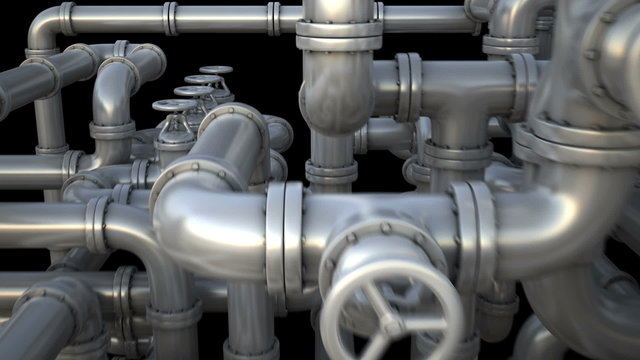 Maze of pipeline. Camera flying across pipelines