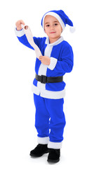 Little blue Santa Claus boy holding blank wish list