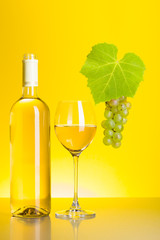 Bottle and glass of white wine with grape cluster