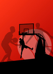 Basketball players young active sport silhouettes vector backgro