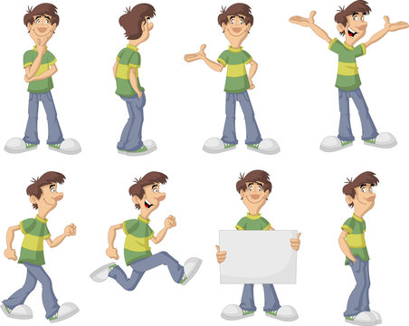 Cartoon man with green shirt on different poses