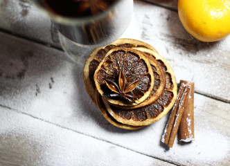 Traditional Christmas punch on the wooden background