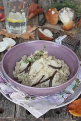 Risotto with edible mushrooms ona rustic background
