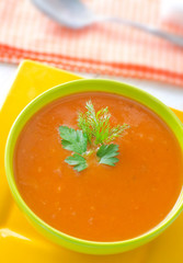 Fresh soup from pumpkin in the green bowl
