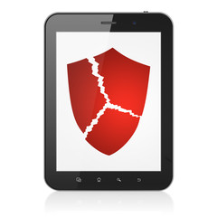 Privacy concept: Broken Shield on tablet pc computer