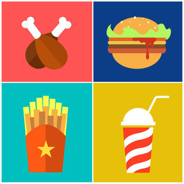Fast Food: hamburger sandwich, potato fries, drink, chicken