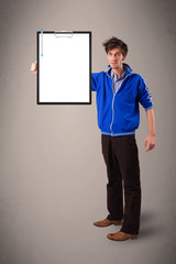 Young boy holding black folder with white sheet copy space