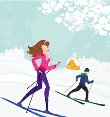 Fototapeta na wymiar couple moves to skiing