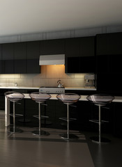 Black kitchen interior with bar stools
