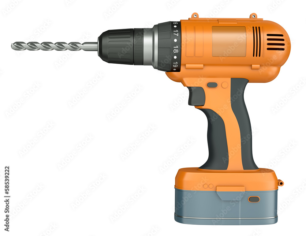 Wall mural orange cordless drill isolated on a white background. 3d render.