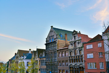 Old houses of Mechelen at sunset. Belgium.