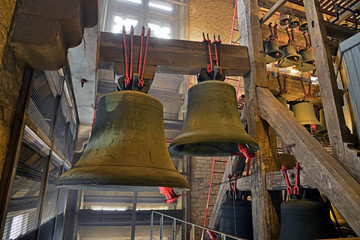 Big cathedral bells. Interior of Sint Rombout church tower. Mech